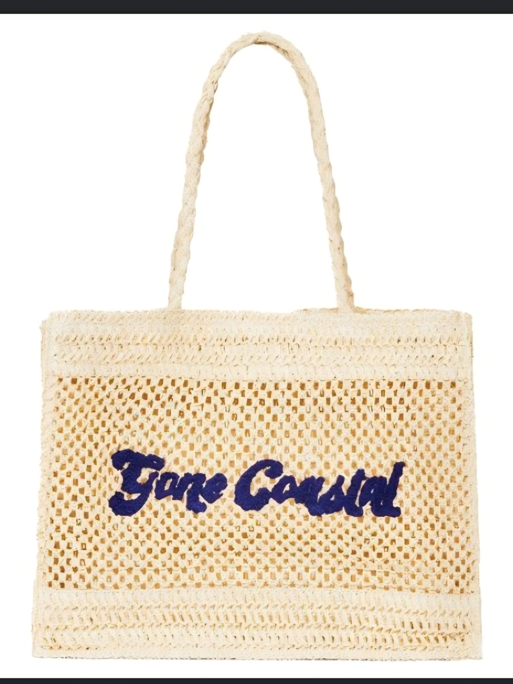 A NEW DAY Natural Woven Tote Bag with Blue Script Accent NWT